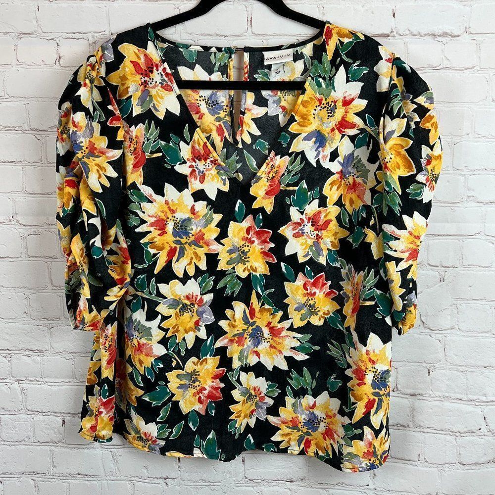 AVA & VIV black floral V-neck gathered 1/2 sleeve top blouse shirt size 1X